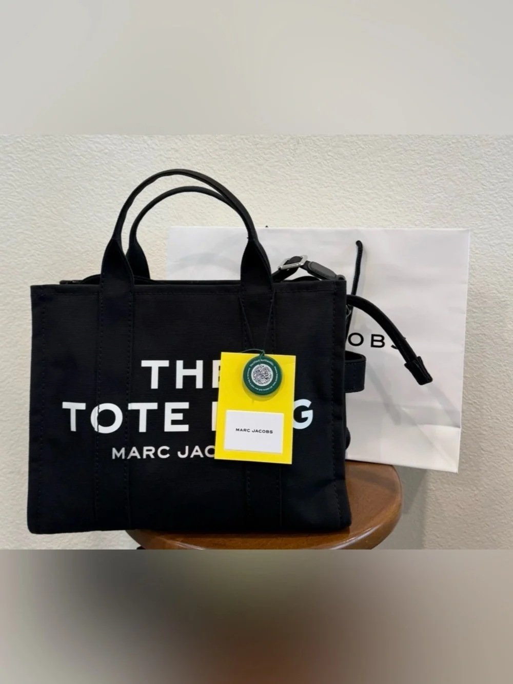 Marc Jacobs Black Canvas Logo Messenger Tote with Yellow Tag